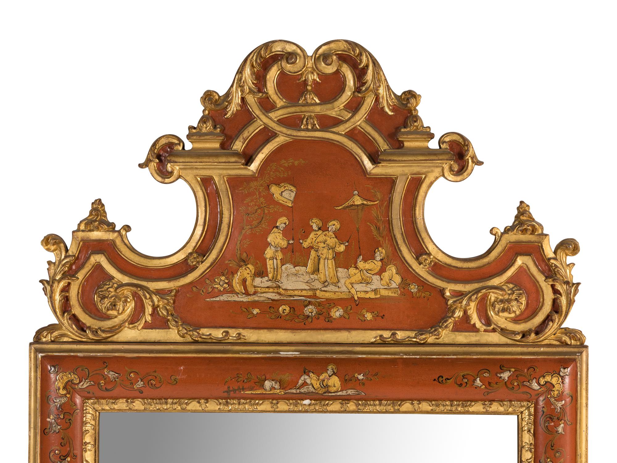 A Louis XVI Style Chinoiserie Decorated and Parcel Gilt Mirror
