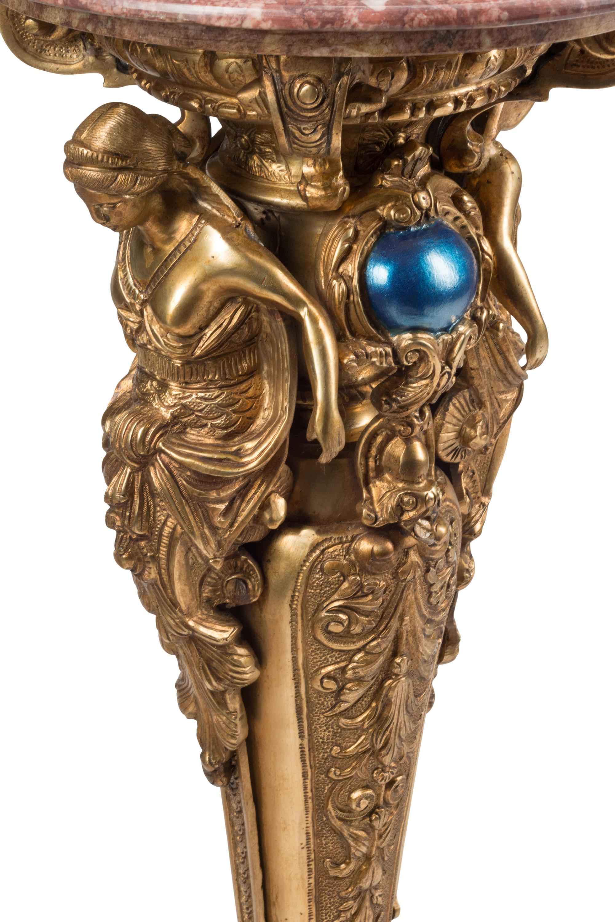 A Pair of Continental Gilt Bronze Marble-Top Figural Pedestals