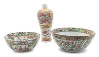 A Canton Rose Medallion Porcelain Vase and Two Bowls