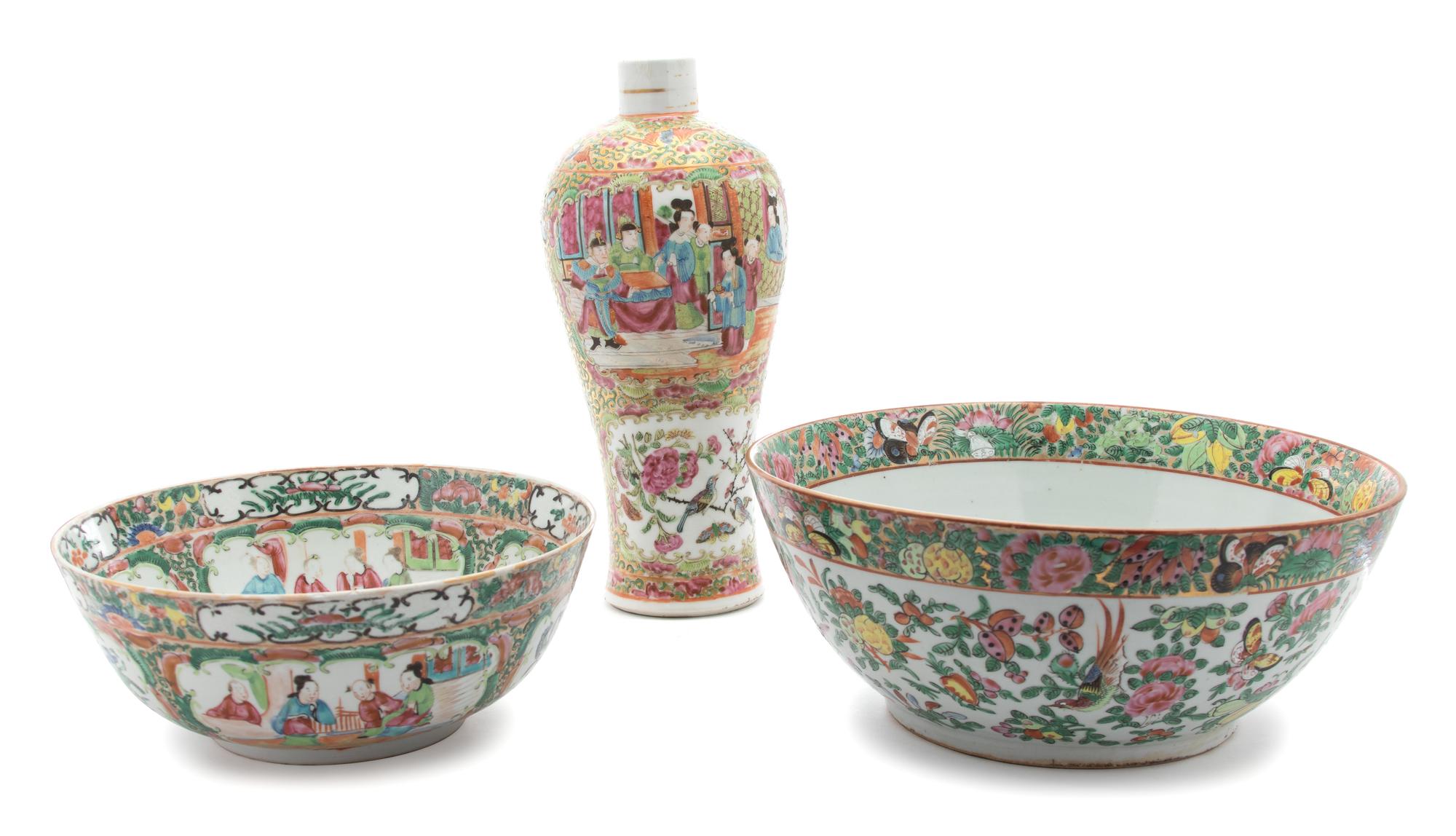 A Canton Rose Medallion Porcelain Vase and Two Bowls