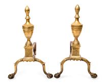 A Pair of American Brass Andirons Height 18 inches. — EARLY 19TH CENTURY