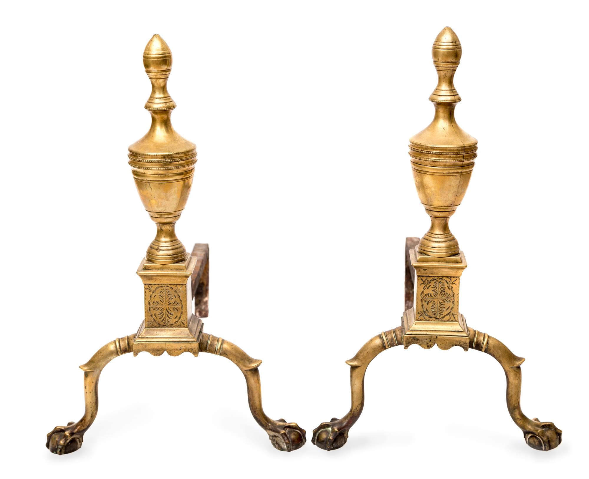 A Pair of American Brass Andirons Height 18 inches. — EARLY 19TH CENTURY