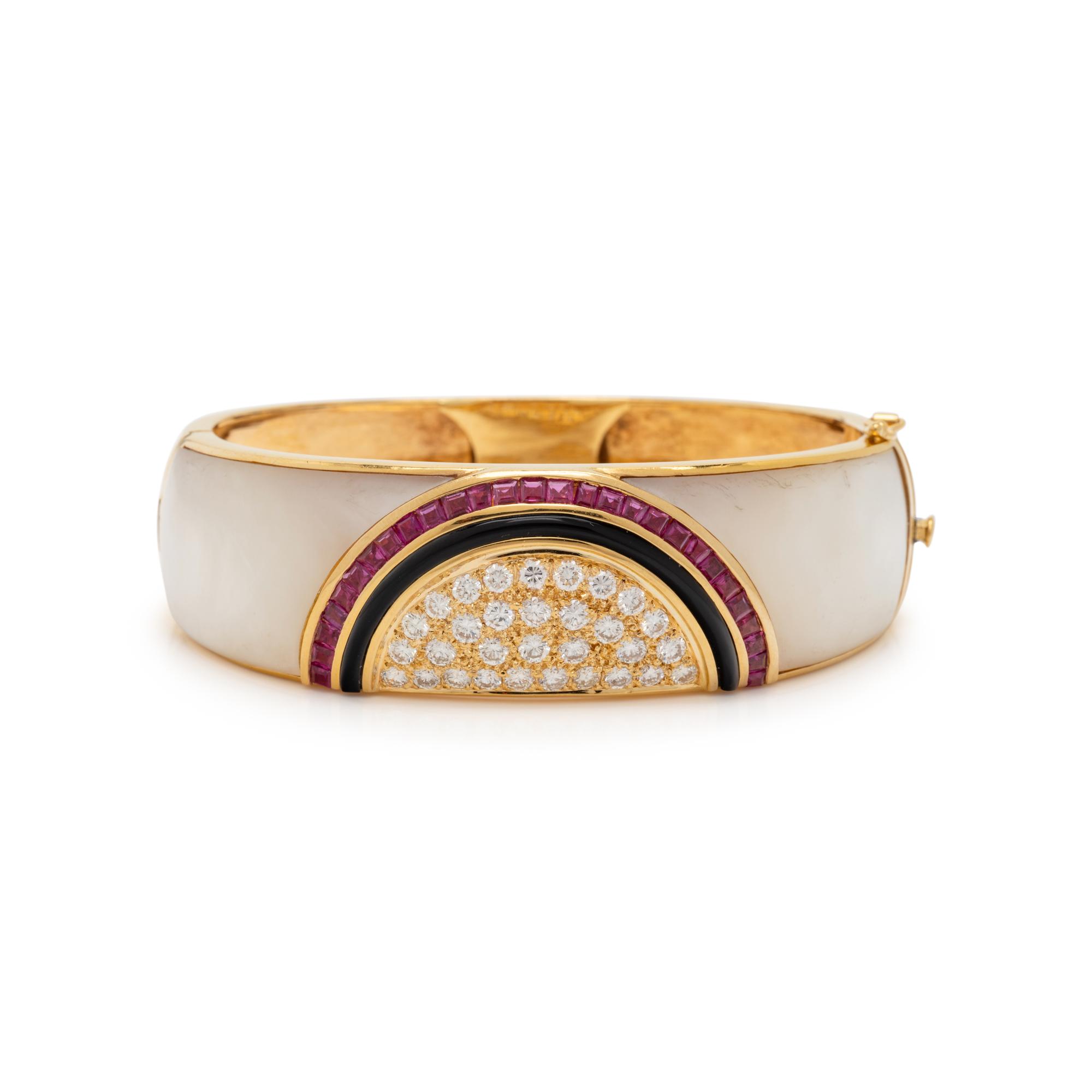 MOTHER OF PEARL, DIAMOND, ONYX AND RUBY BANGLE BRACELET