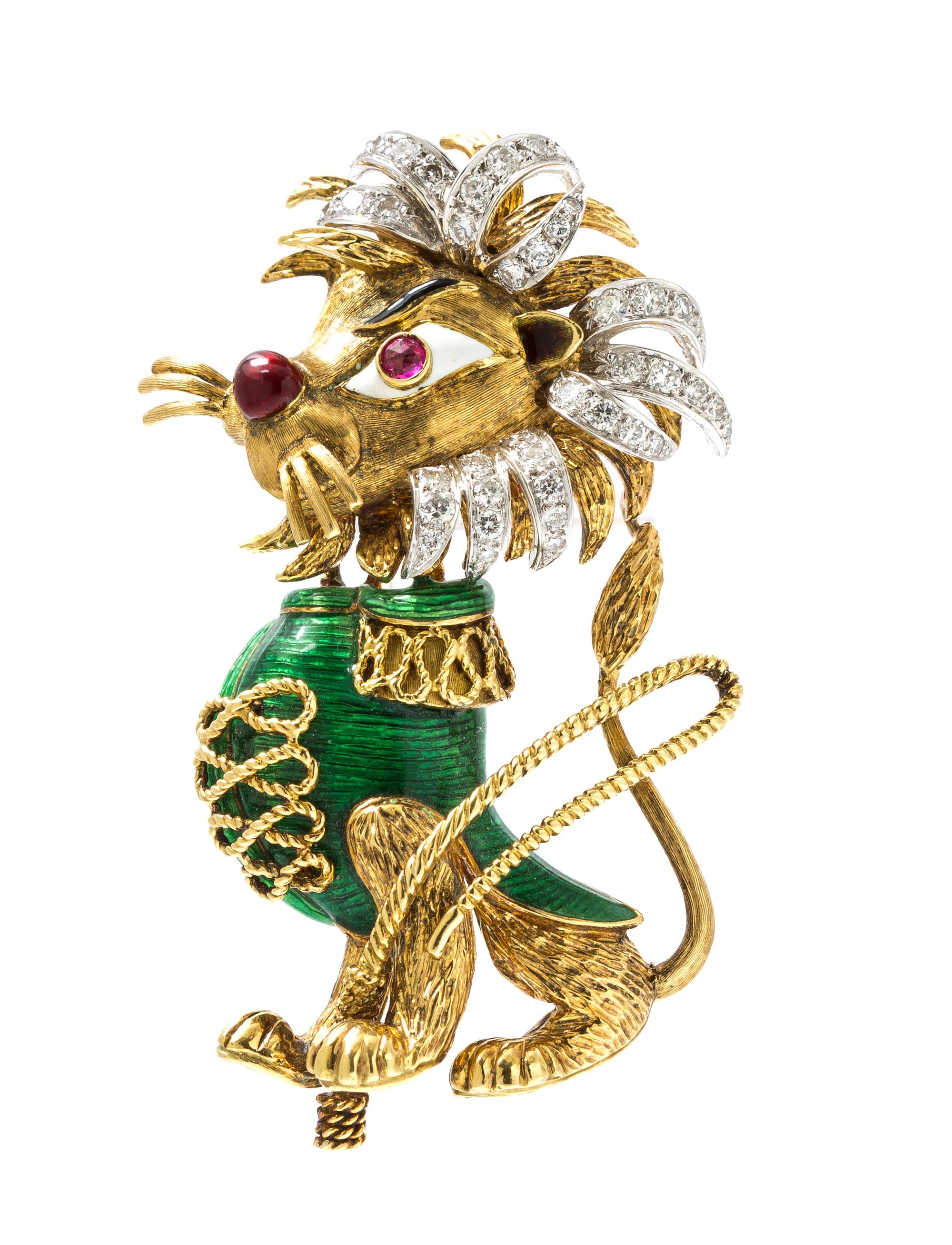 An 18 Karat Gold, Ruby, Diamond, and Polychrome Enamel Pin, Circa 1960, 24.20 dwts.