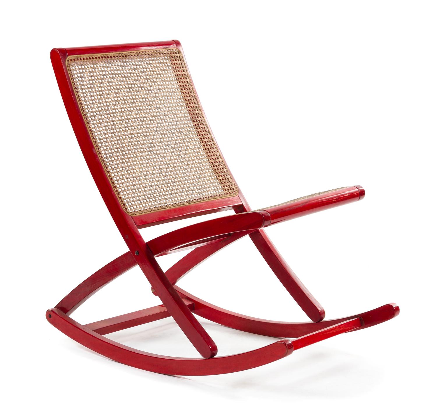 An Italian Red Lacquered Rocking Chair Height 37 1/2 inches.
