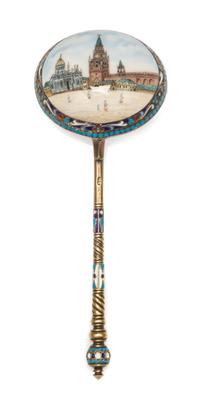 A Russian Silver-Gilt and Enamel Spoon, Mark of Ivan Saltykov, Moscow, late 19th/early 20th century, having a spherical enameled finial