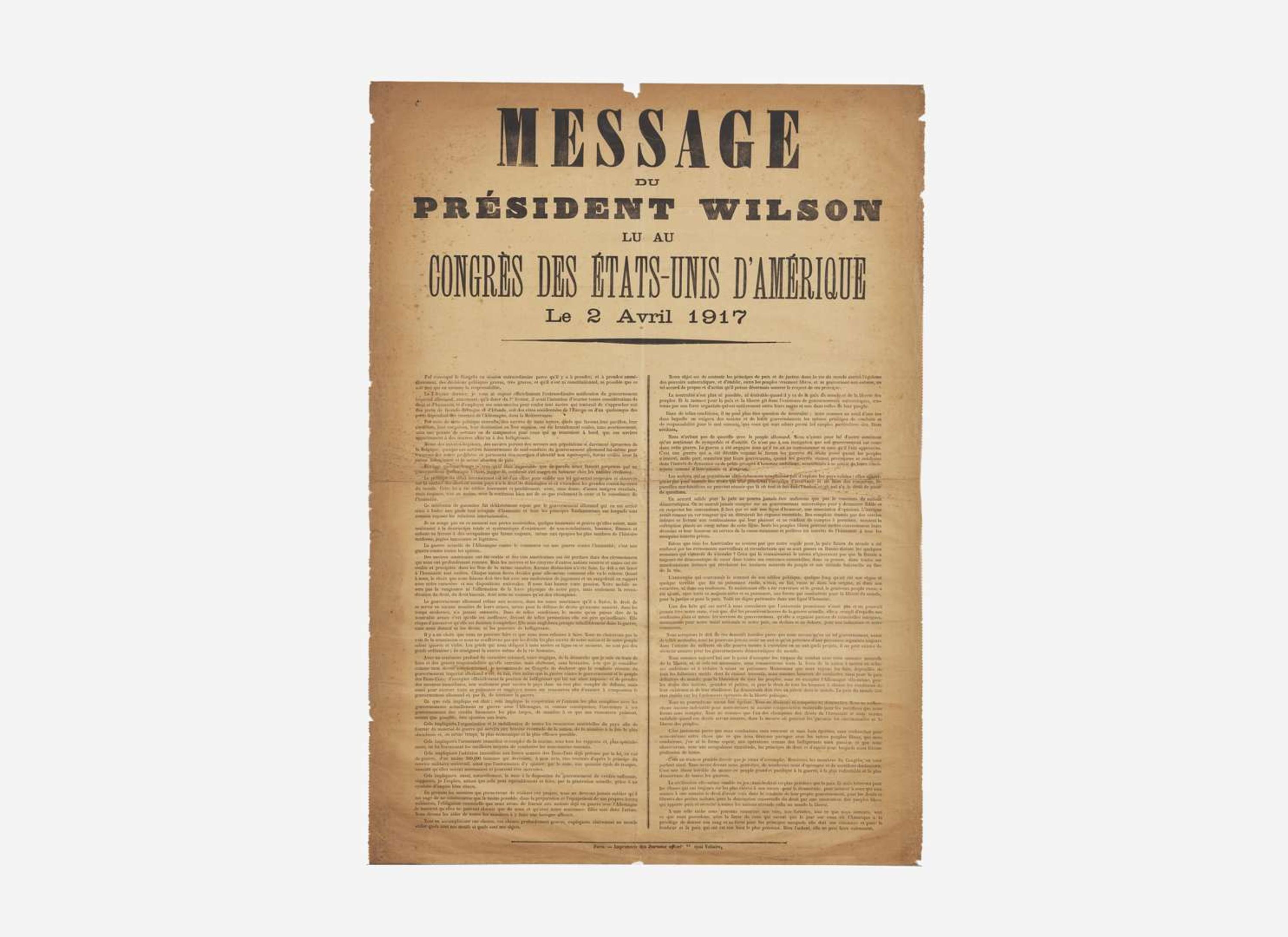 [Presidential] [Wilson, Woodrow] Message du President Wilson lu au Congres des États-Unis d'Amerique le 2 Avril 1917