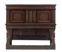 An English Carved Oak Court Cupboard Height 44 x width 50 1/4 x depth 19 inches. — 17TH CENTURY WITH LATER ELEMENTS
