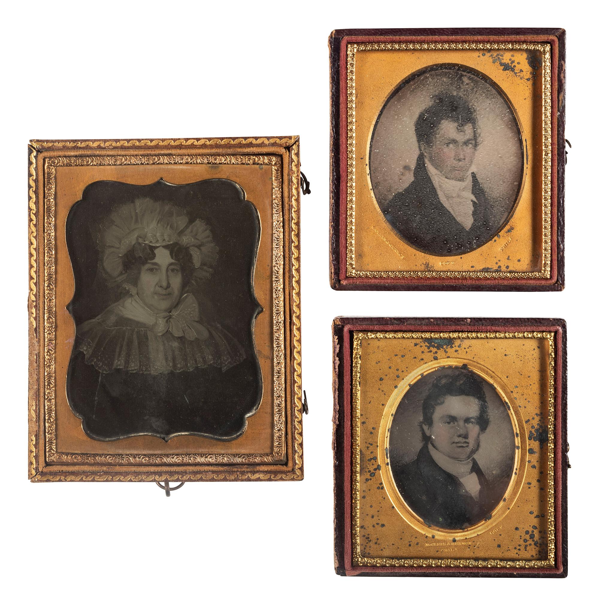[EARLY PHOTOGRAPHY]. A group of 5 daguerreotypes and ambrotype of painted portraits, including: