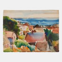 Three works: Coastal Town; Artist Painting in Yard; and Seascape