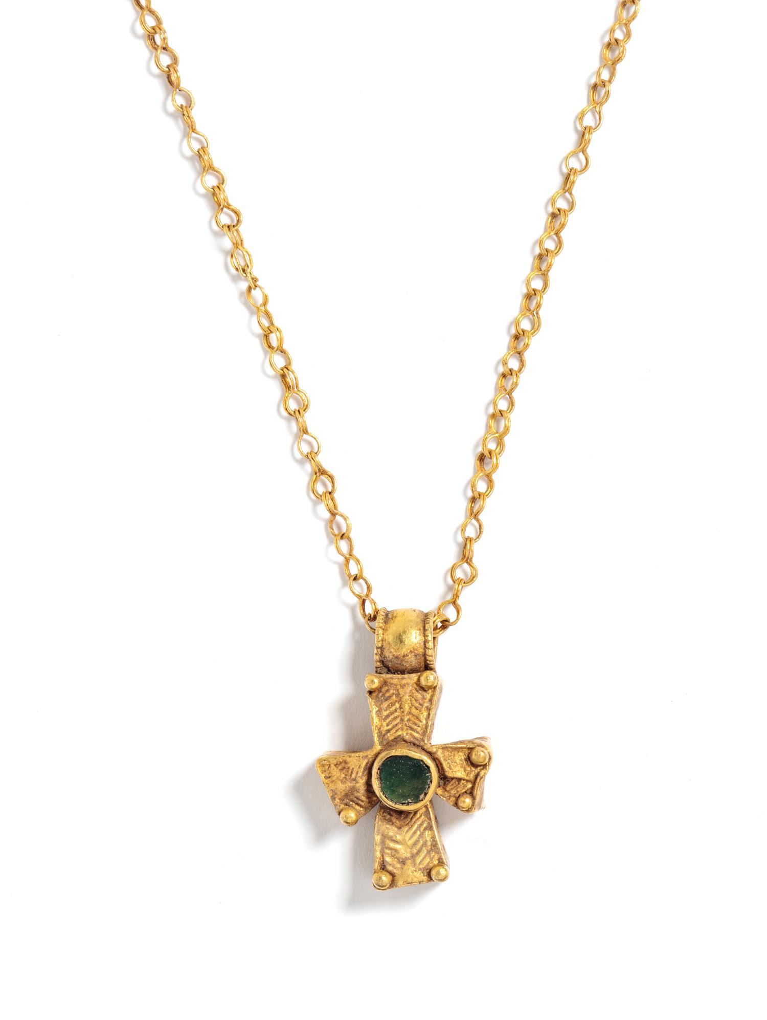 A Byzantine Gold and Green Glass Cross and Chain