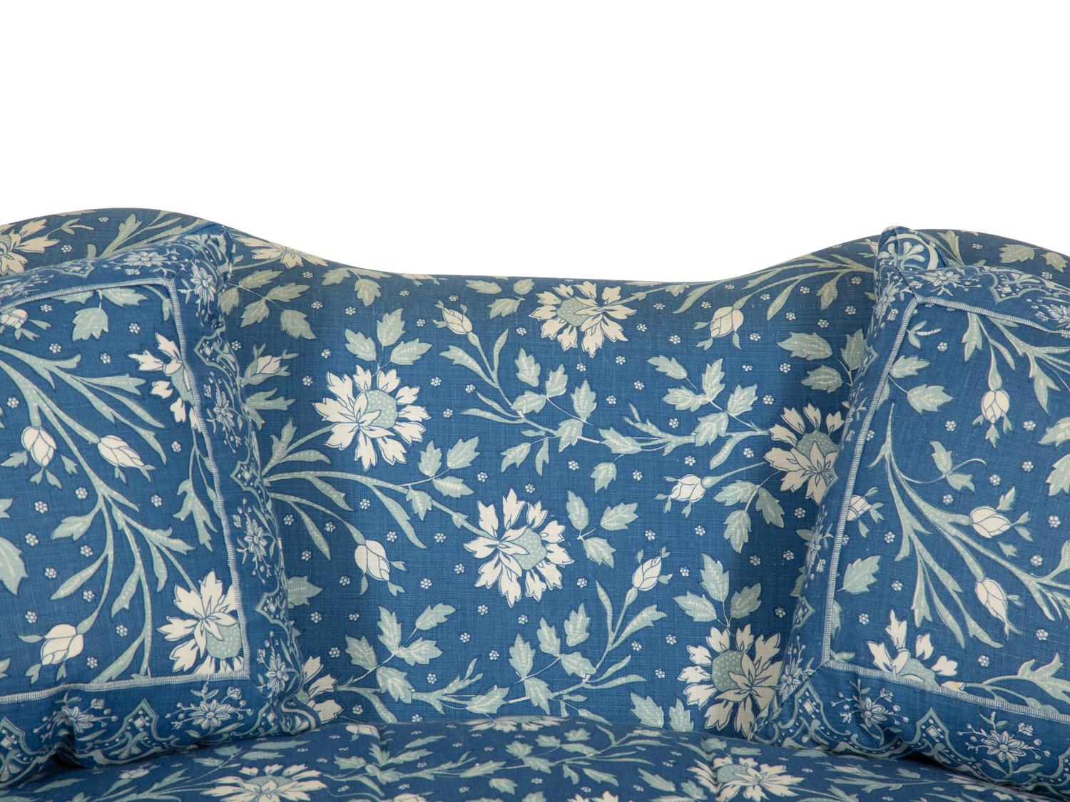 A George III Style Mahogany Settee Upholstered in Blue and White Linen