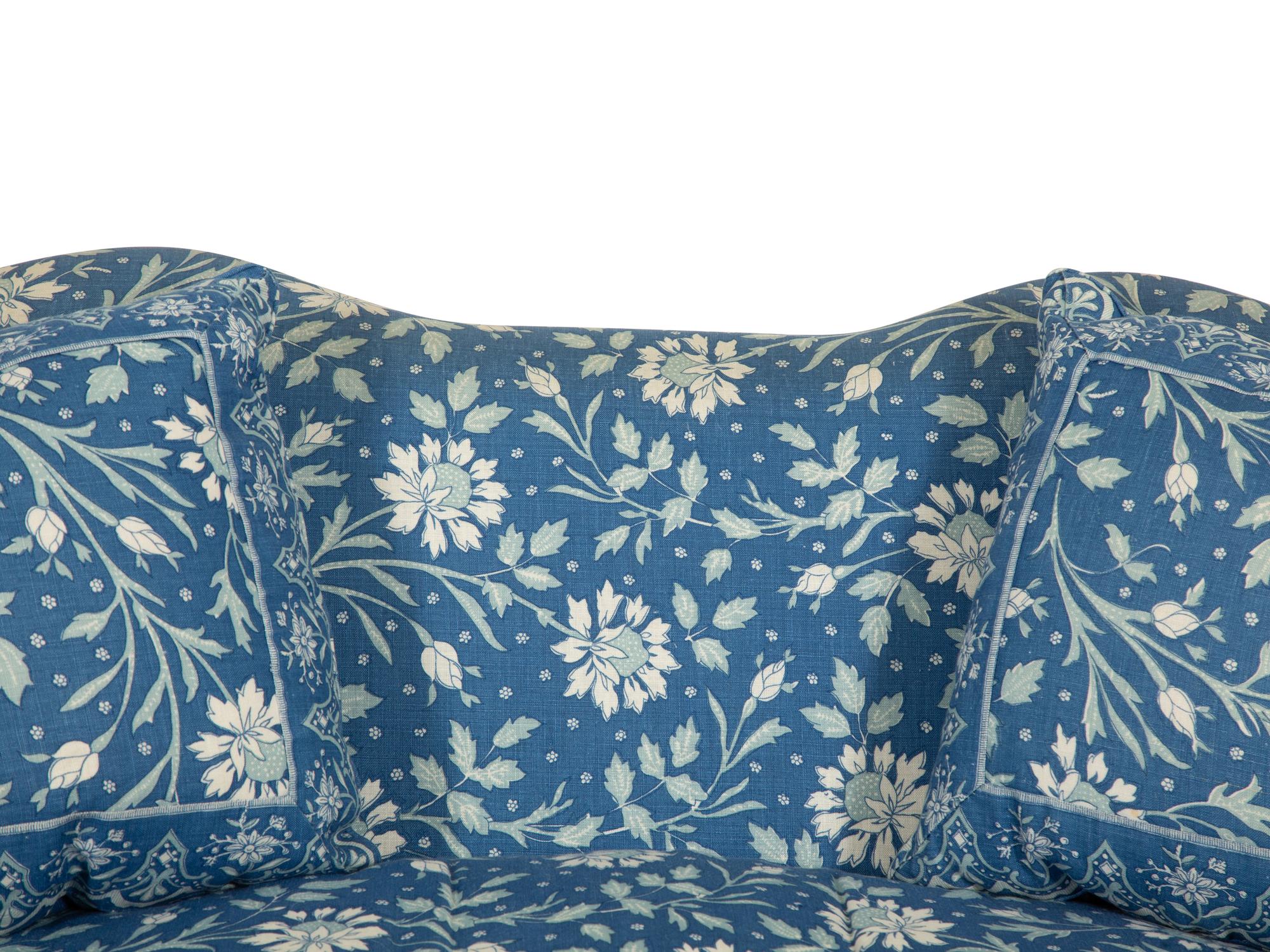 A George III Style Mahogany Settee Upholstered in Blue and White Linen