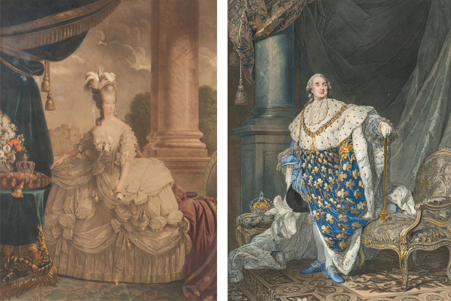 A Pair of French Gilt Bronze Frames with Color Aquatints Depicting Louis XVI and Marie Antoinette