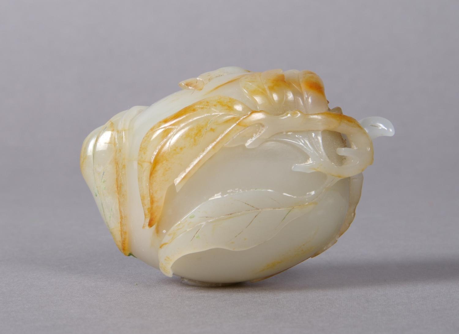 A Jade Peach Form Snuff Bottle, Height 2 1/2 inches.