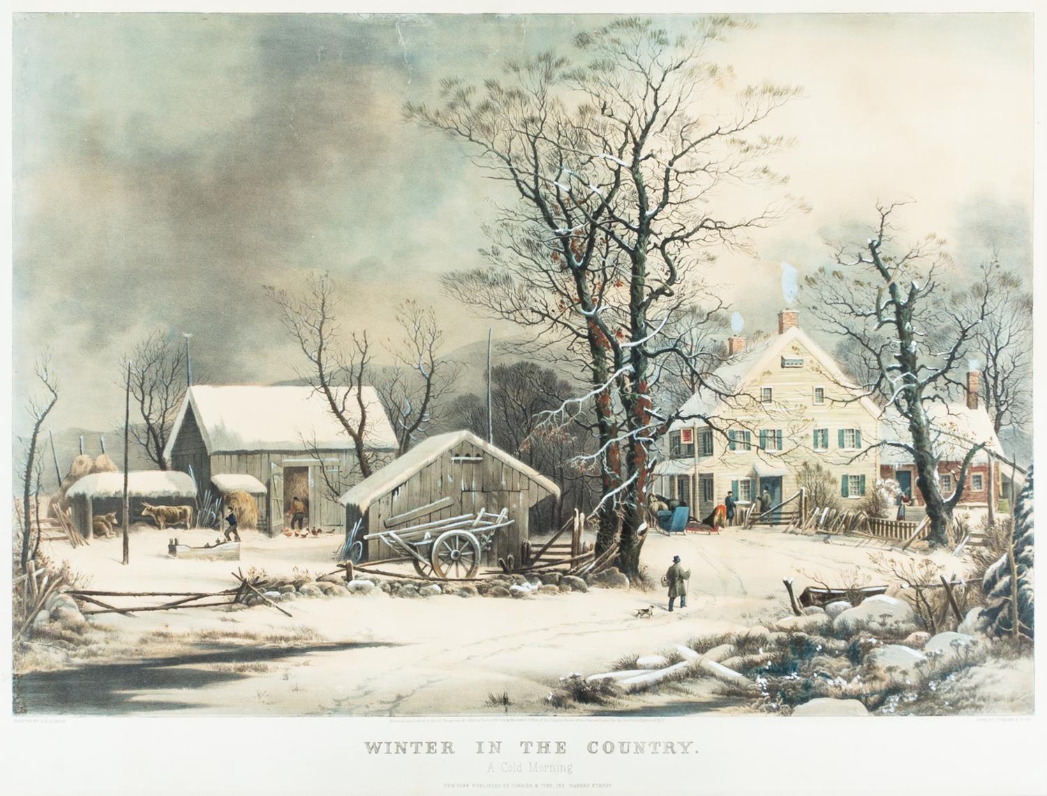CURRIER & IVES. Winter in the Country - A Cold Morning. New York, 1864. Litho. w/hand coloring. Framed.