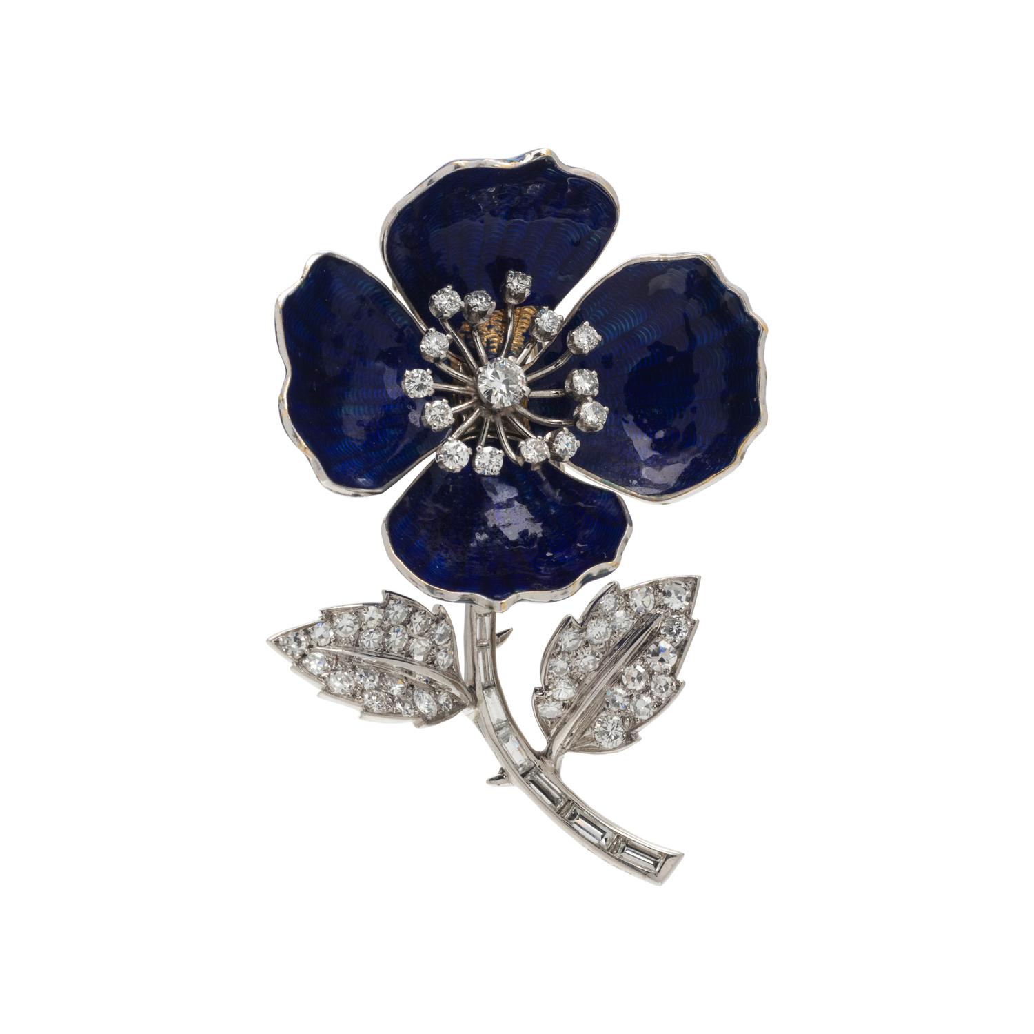 BOUCHERON, DIAMOND AND ENAMEL 'EGLANTINE' FLOWER BROOCH