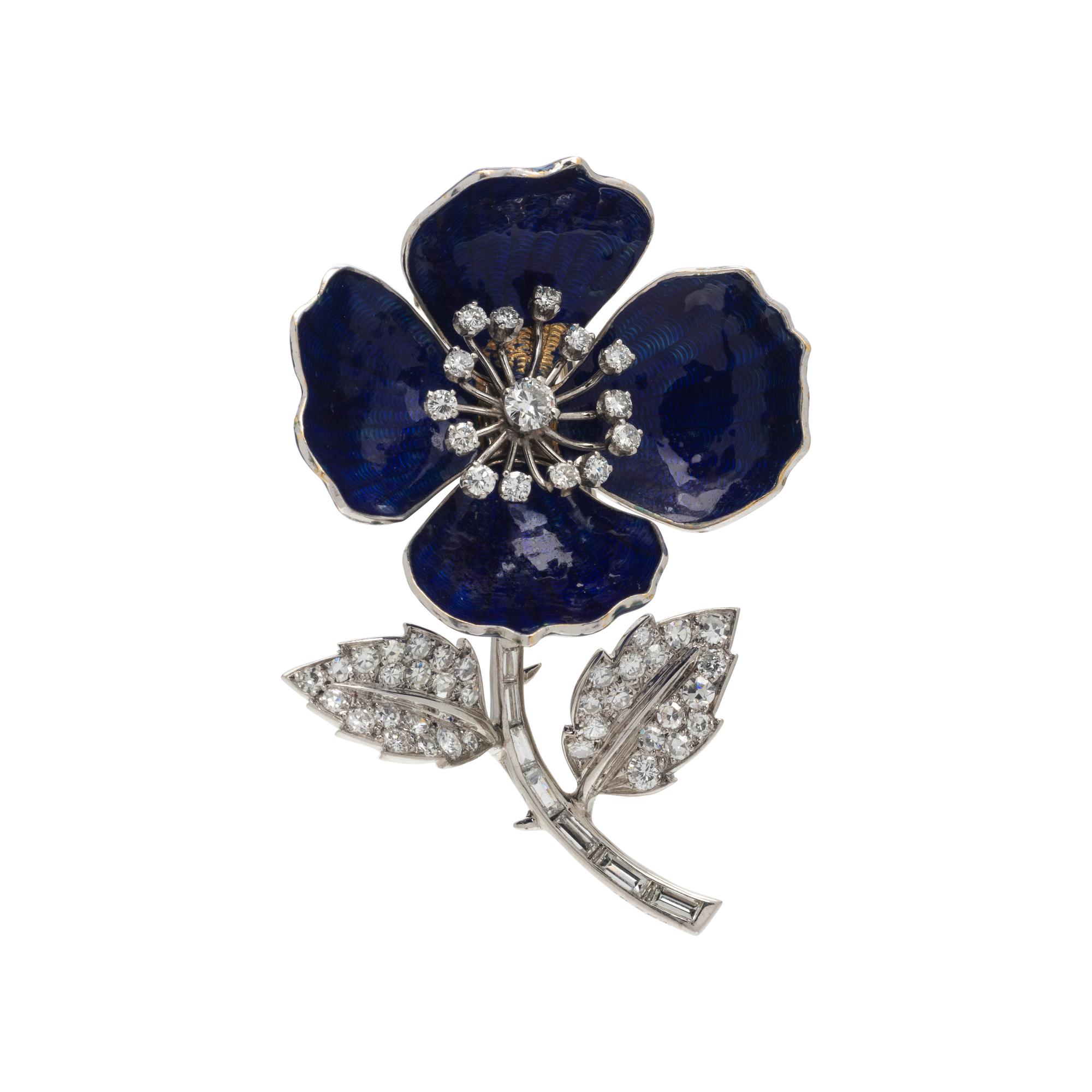BOUCHERON, DIAMOND AND ENAMEL 'EGLANTINE' FLOWER BROOCH