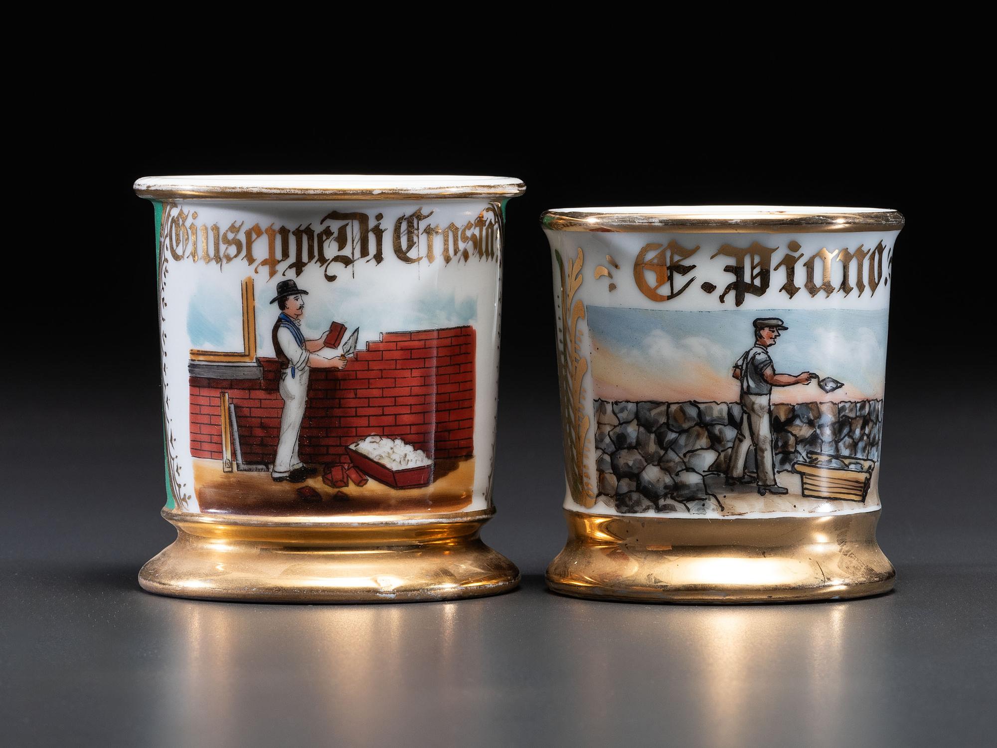 Two Laborer's Porcelain Occupational Shaving Mugs