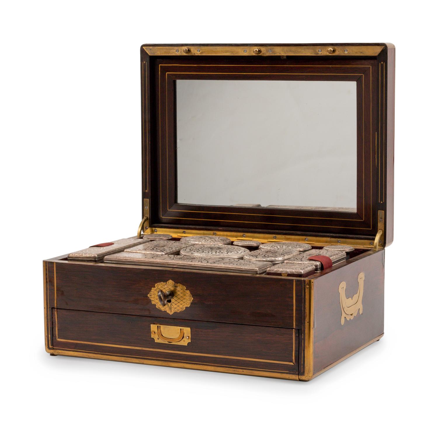 An English Brass-Inlaid Rosewood Dressing Set — 19TH CENTURY