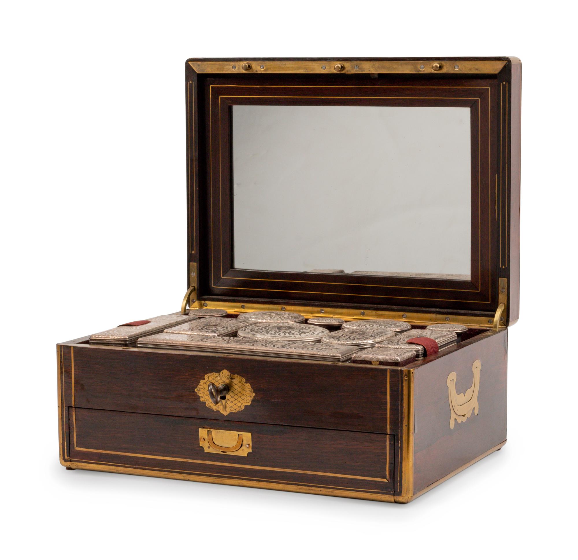An English Brass-Inlaid Rosewood Dressing Set — 19TH CENTURY