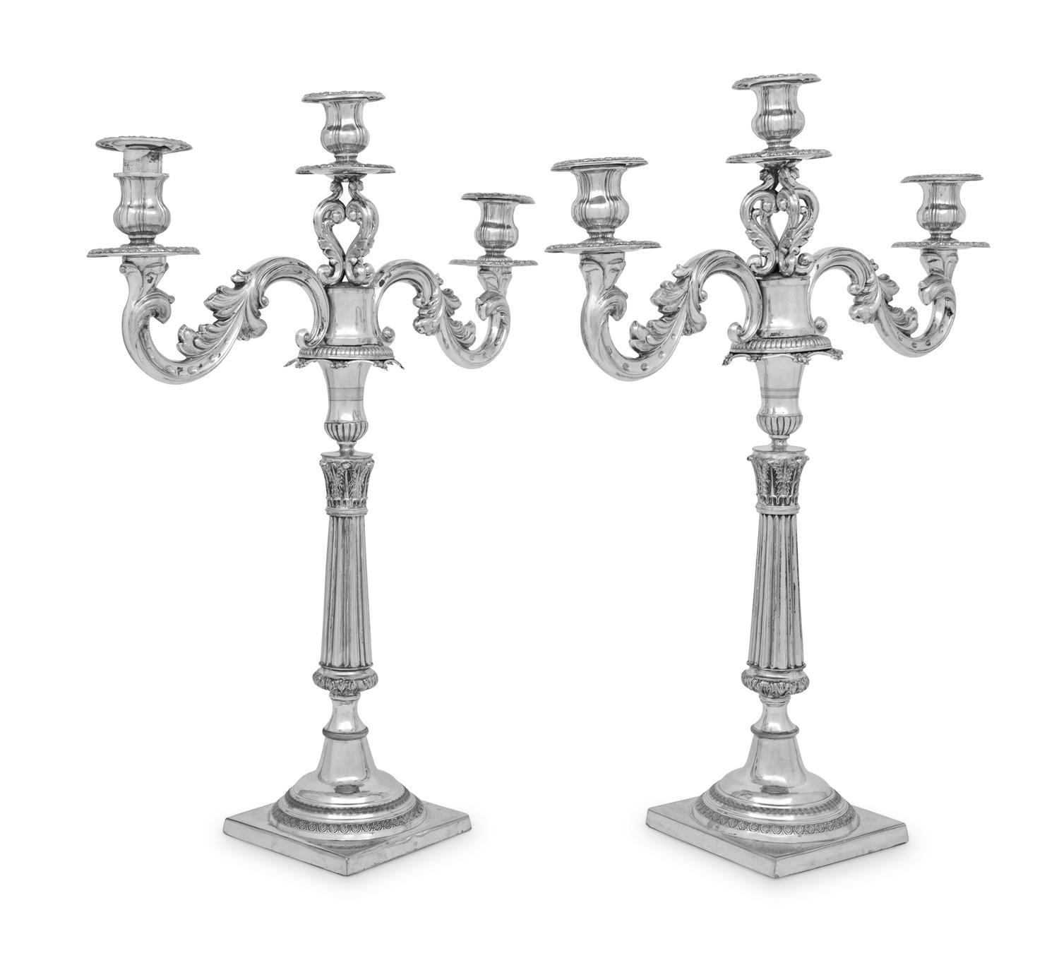 A Pair of Continental Silver Three-Light Candelabra