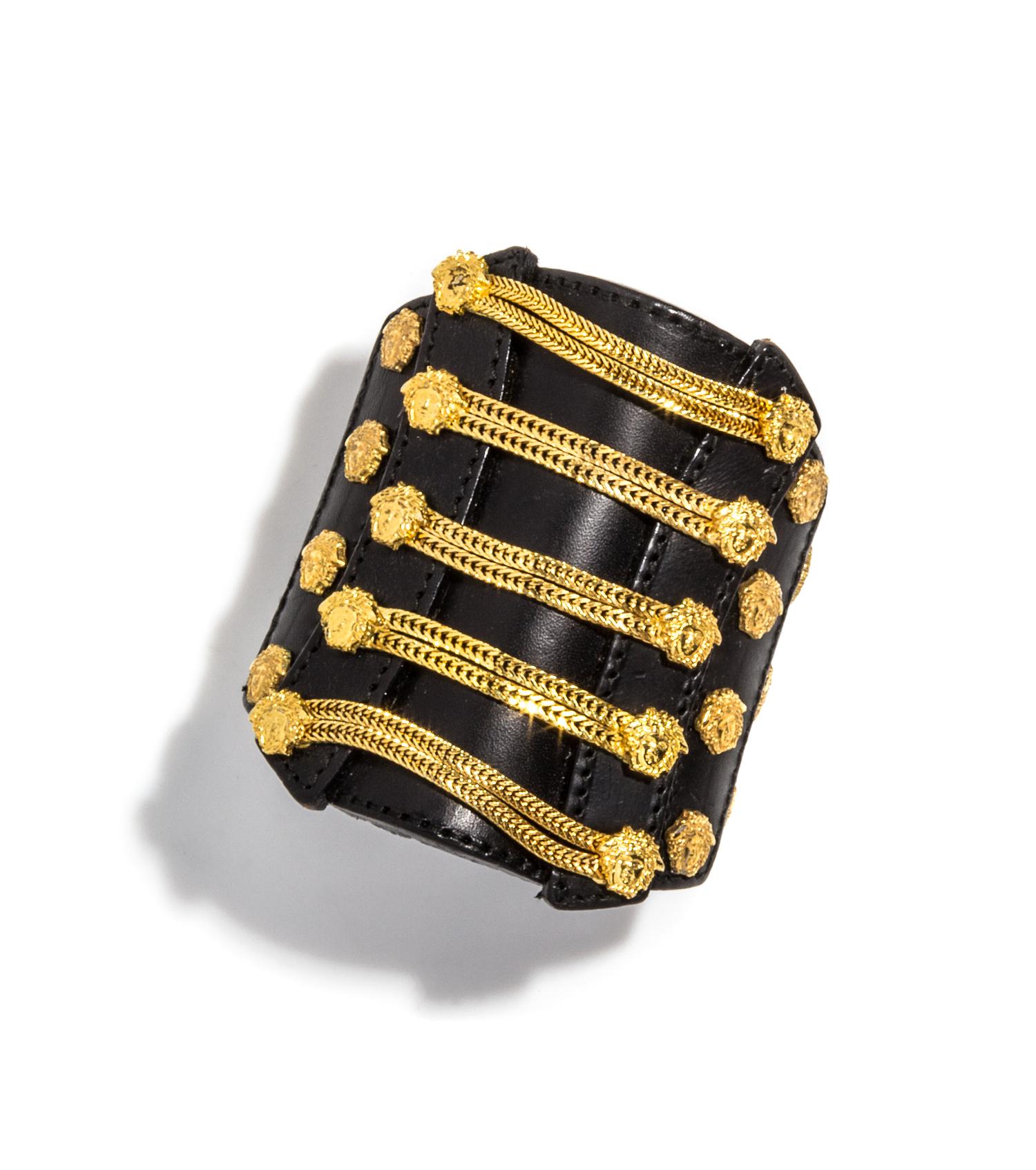 A Gianni Versace Black Leather Chain Cuff, 7.5" x 3.5"; Diameter: 6"