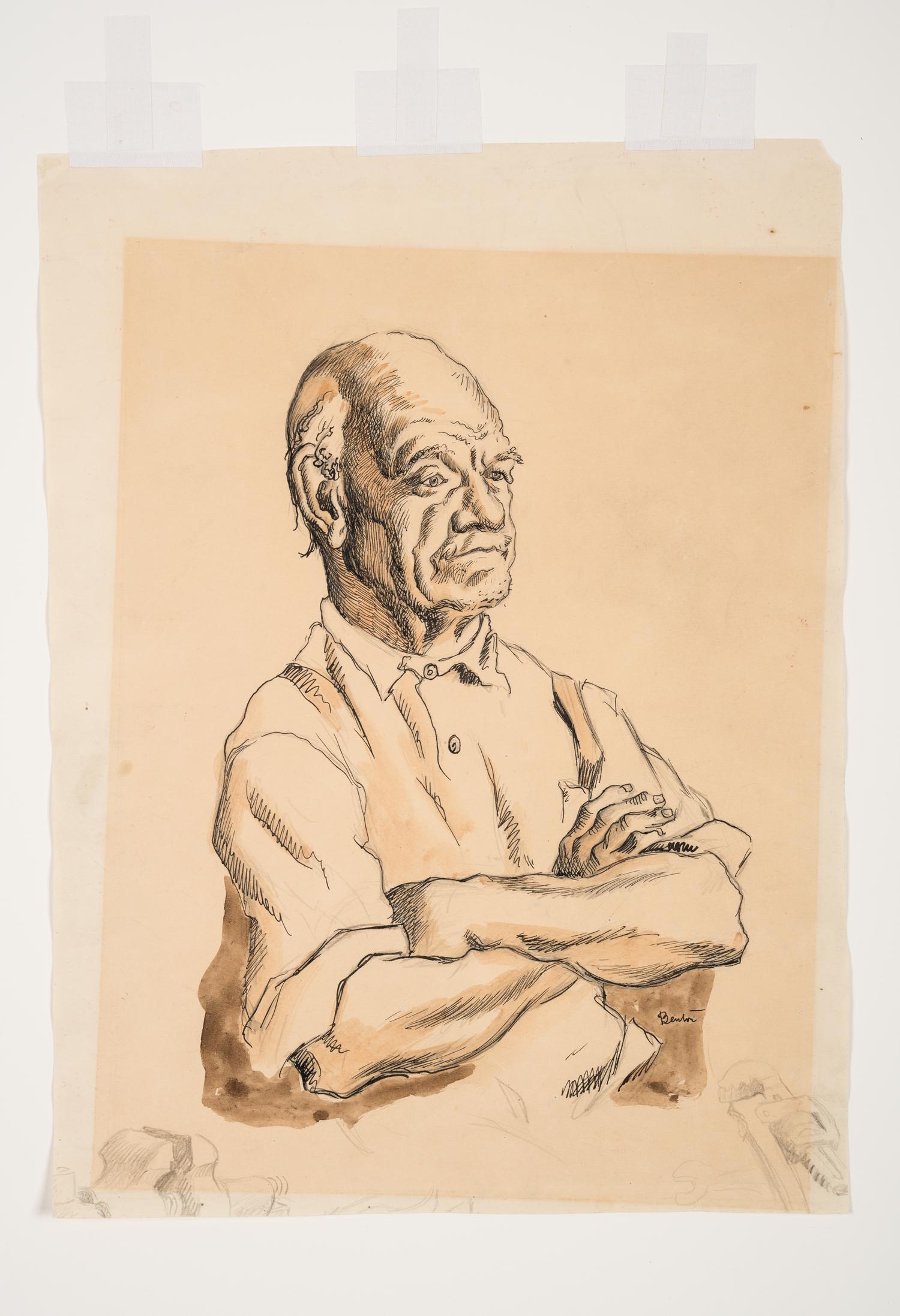 Man with Crossed Arms, with sketches of a vise-grip and a vise in the margins
