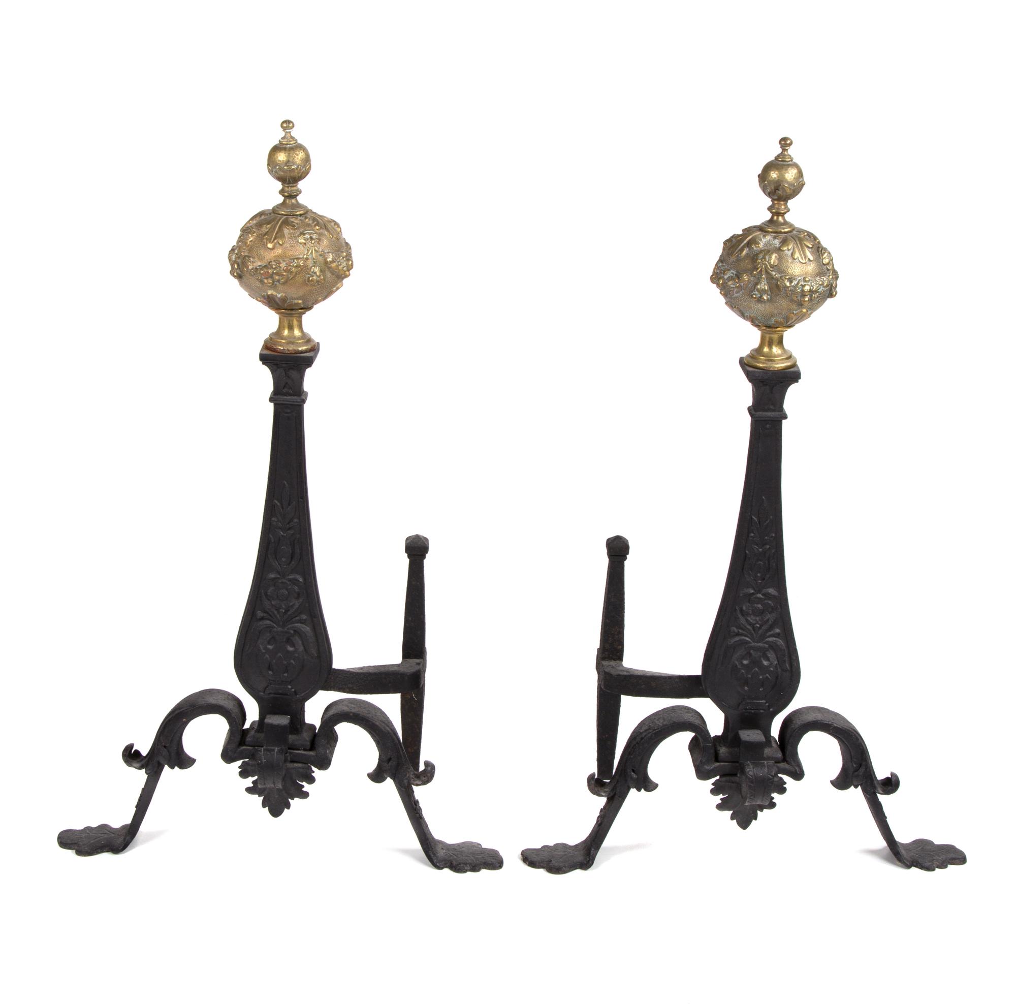 A Pair of French Iron and Gilt Bronze Chenets Height 27 1/2 inches. — 19TH CENTURY