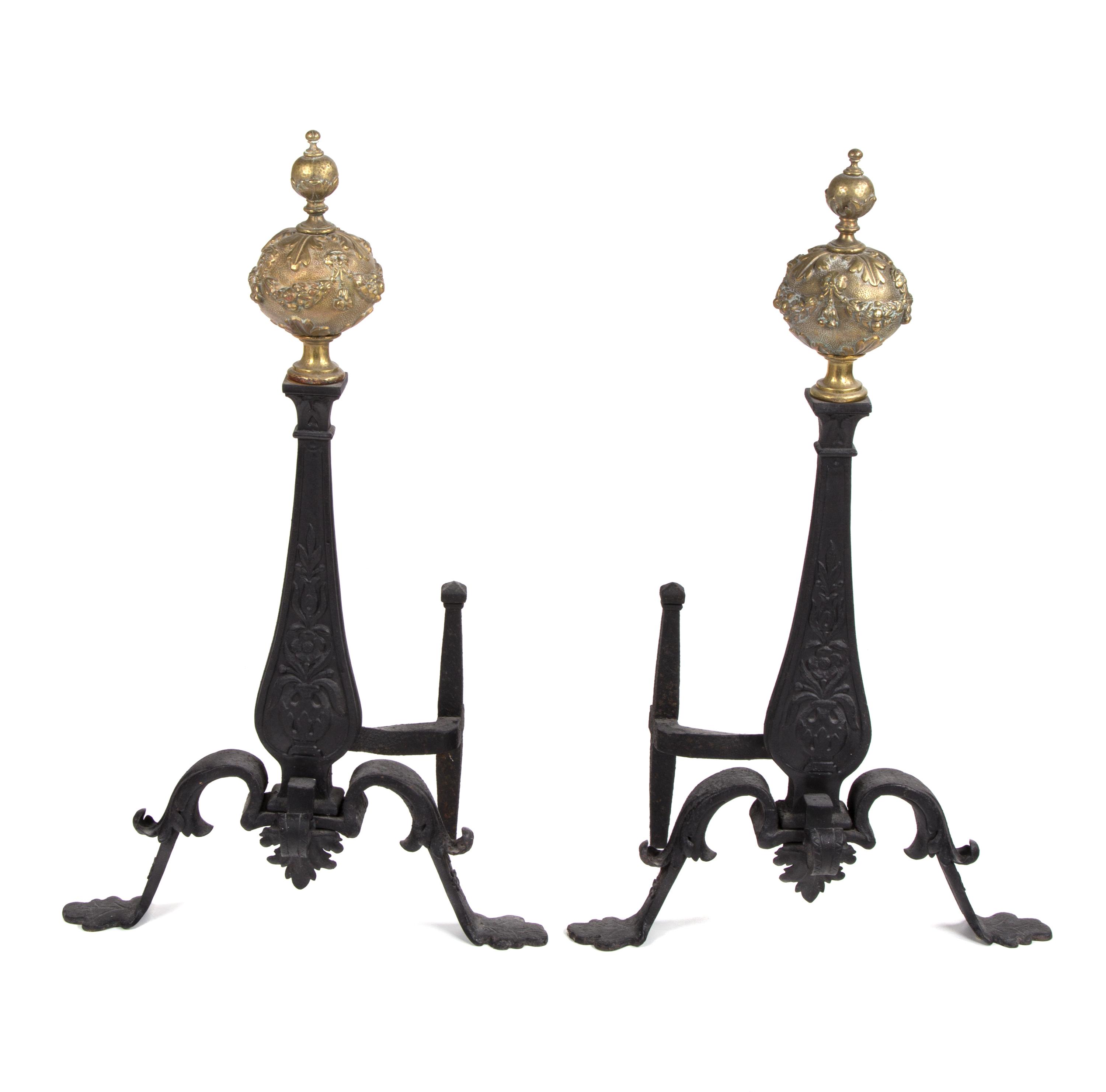A Pair of French Iron and Gilt Bronze Chenets Height 27 1/2 inches. — 19TH CENTURY