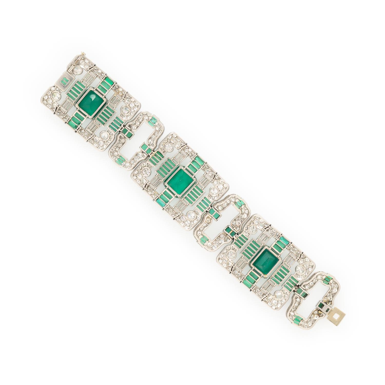 ART DECO, PLATINUM, DIAMOND, AND SIMULANT EMERALD BRACELET