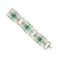 ART DECO, PLATINUM, DIAMOND, AND SIMULANT EMERALD BRACELET