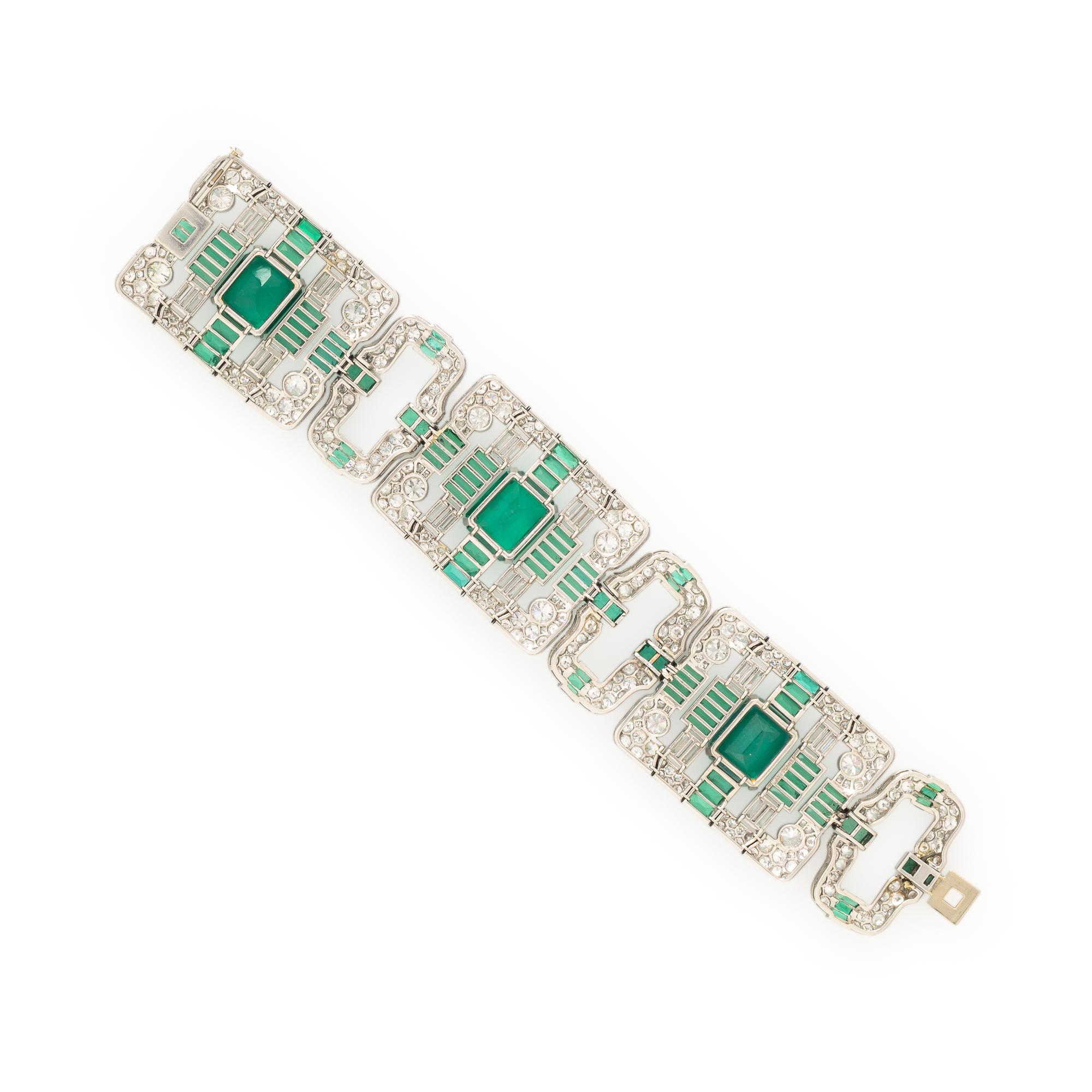 ART DECO, PLATINUM, DIAMOND, AND SIMULANT EMERALD BRACELET