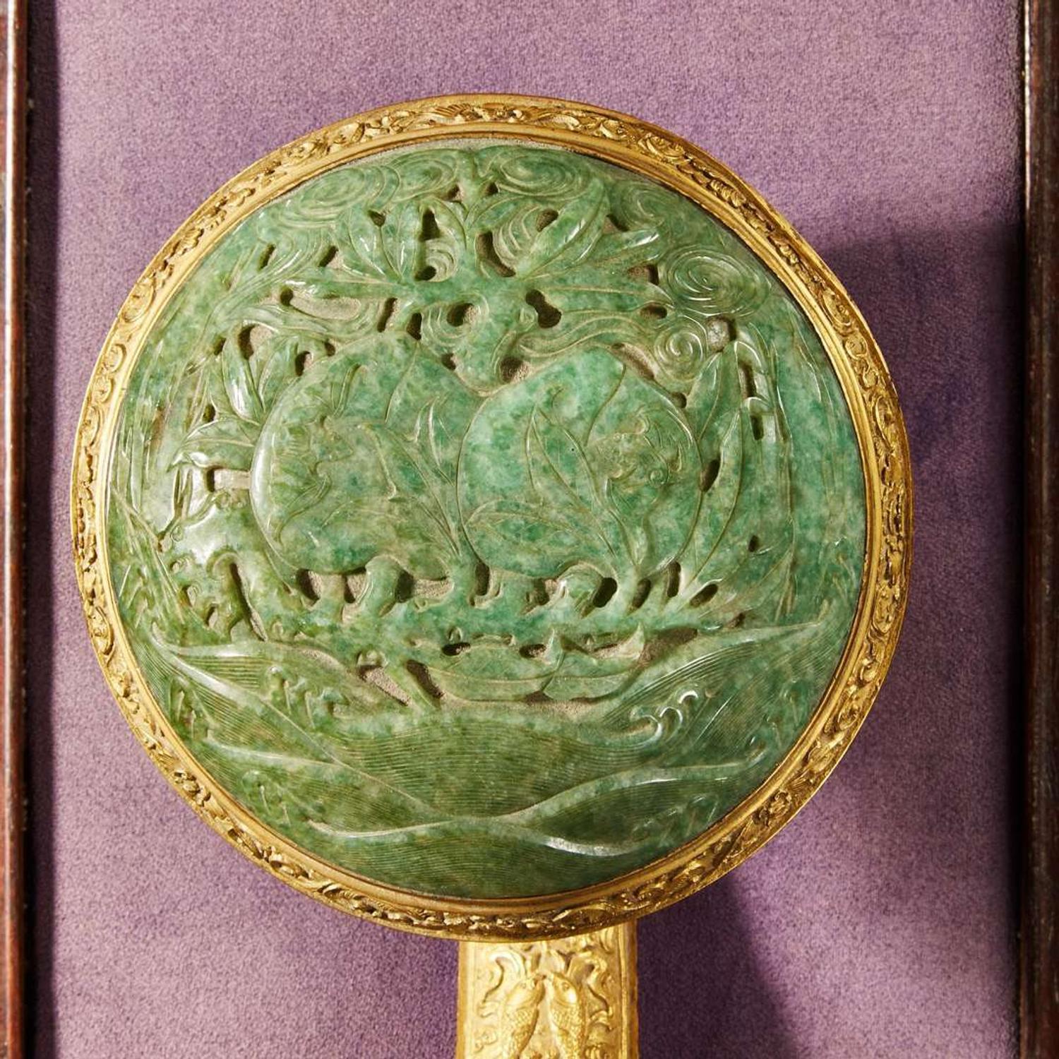 A Chinese jadeite mounted gilt bronze ruyi scepter and wood stand 銅鎏金嵌翡翠如意及木底座