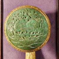 A Chinese jadeite mounted gilt bronze ruyi scepter and wood stand 銅鎏金嵌翡翠如意及木底座