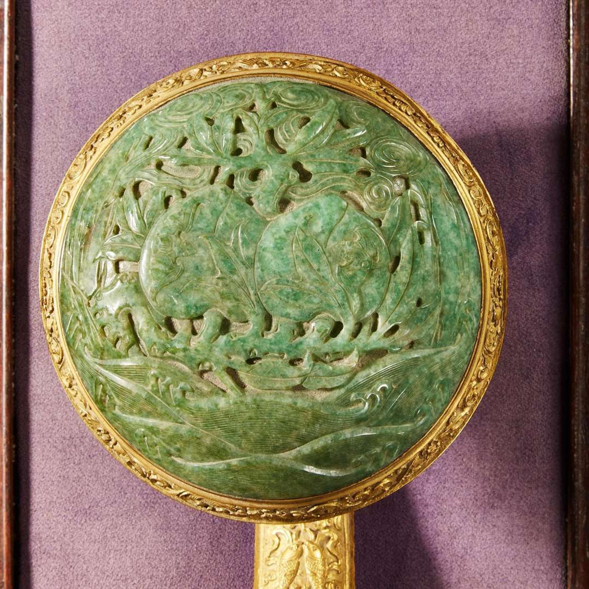 A Chinese jadeite mounted gilt bronze ruyi scepter and wood stand 銅鎏金嵌翡翠如意及木底座