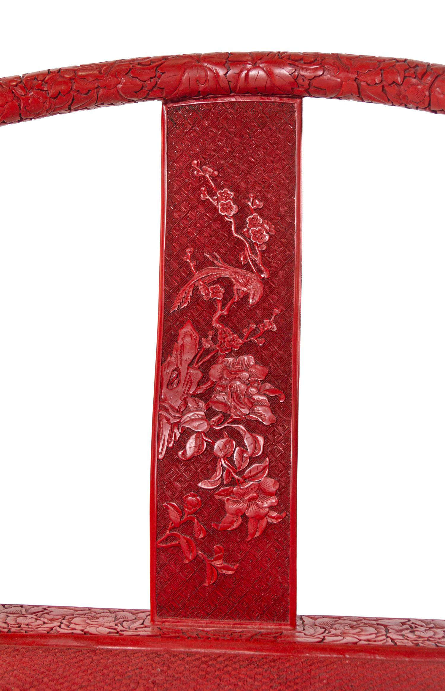 A Pair of Chinese Export Carved Red Lacquer Armchairs