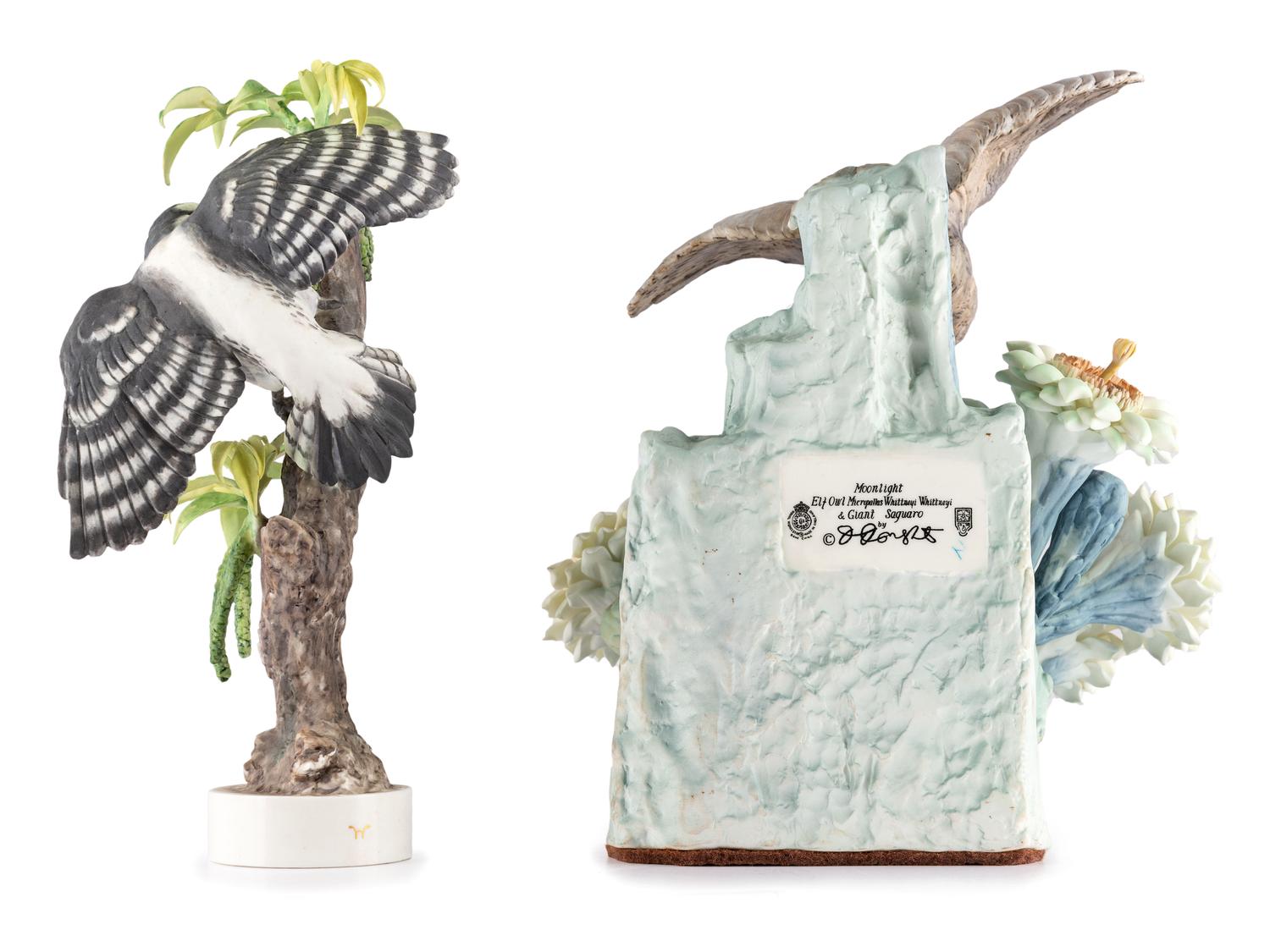 A Dorothy Doughty for Royal Worcester Porcelain Cactus Owl and Downey Woodpecker