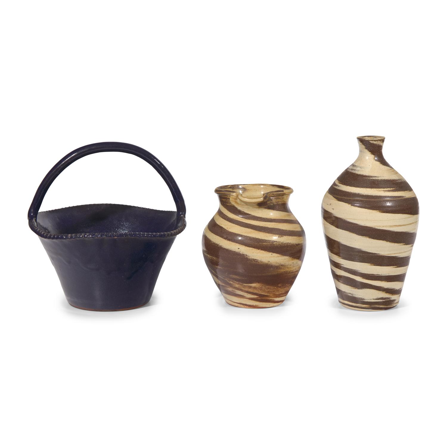 Wayne Hewell and Jeffrey McDowell, Three Glazed Stoneware Works: Two Swirl Jugs and a Basket