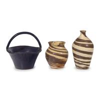 Wayne Hewell and Jeffrey McDowell, Three Glazed Stoneware Works: Two Swirl Jugs and a Basket