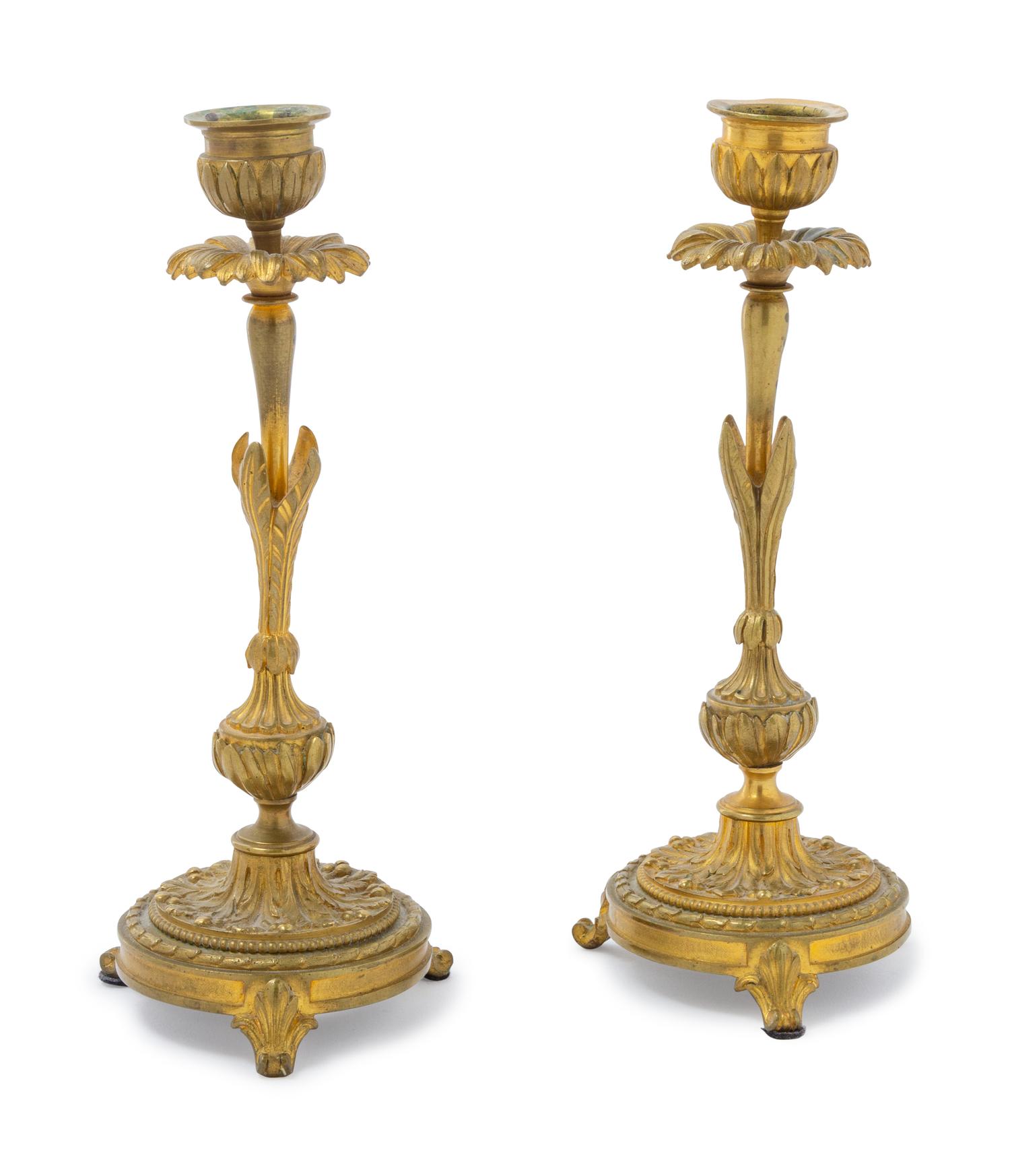 A Pair of Continental Gilt Bronze Candlesticks