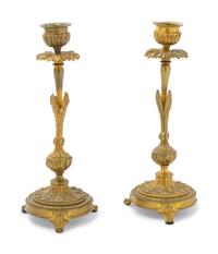A Pair of Continental Gilt Bronze Candlesticks