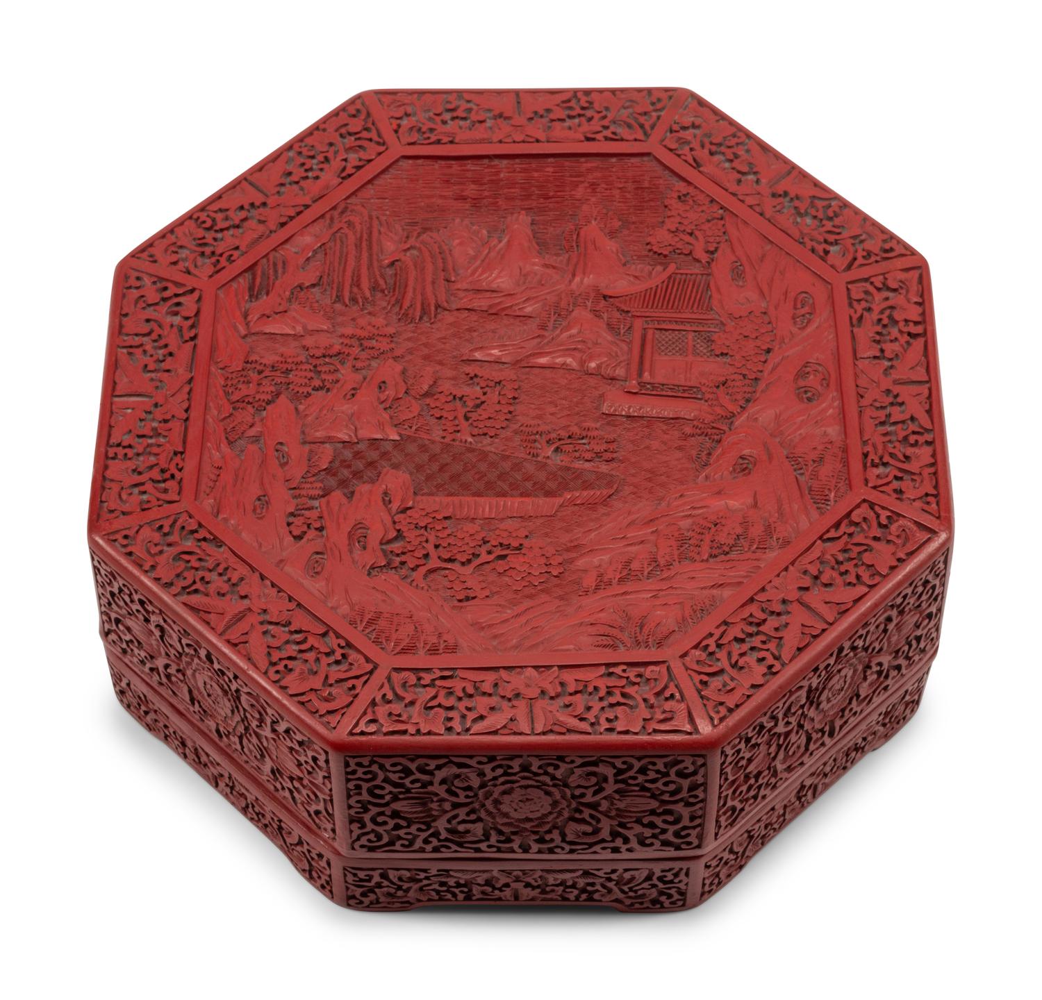 A Chinese Carved Red Lacquer Octagonal Box