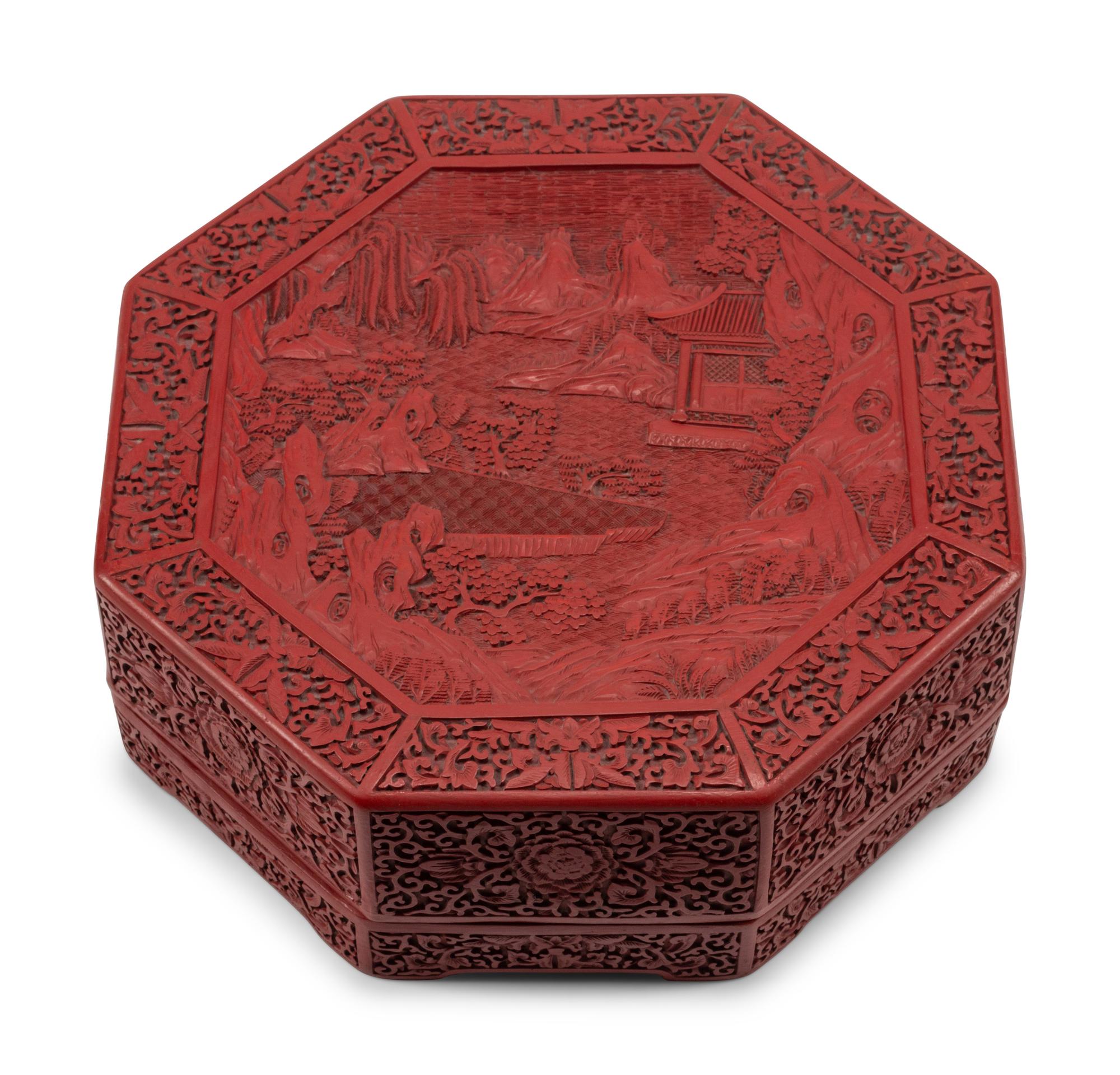 A Chinese Carved Red Lacquer Octagonal Box