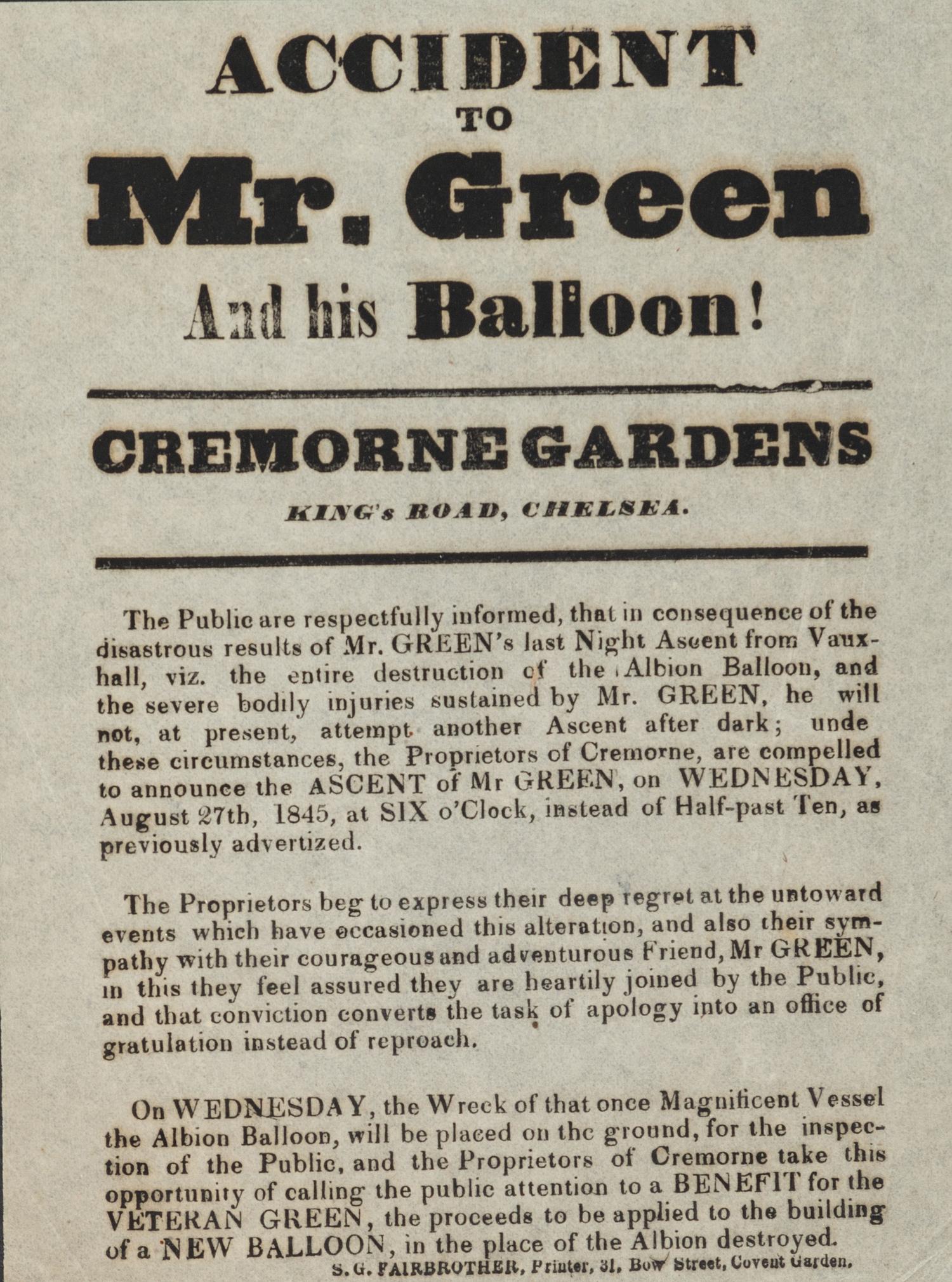 [TRANSPORTATION]. [GREEN, Charles (1785-1870). Accident to Mr. Green and his Balloon! London: S.G. Fairbrother, [1845].