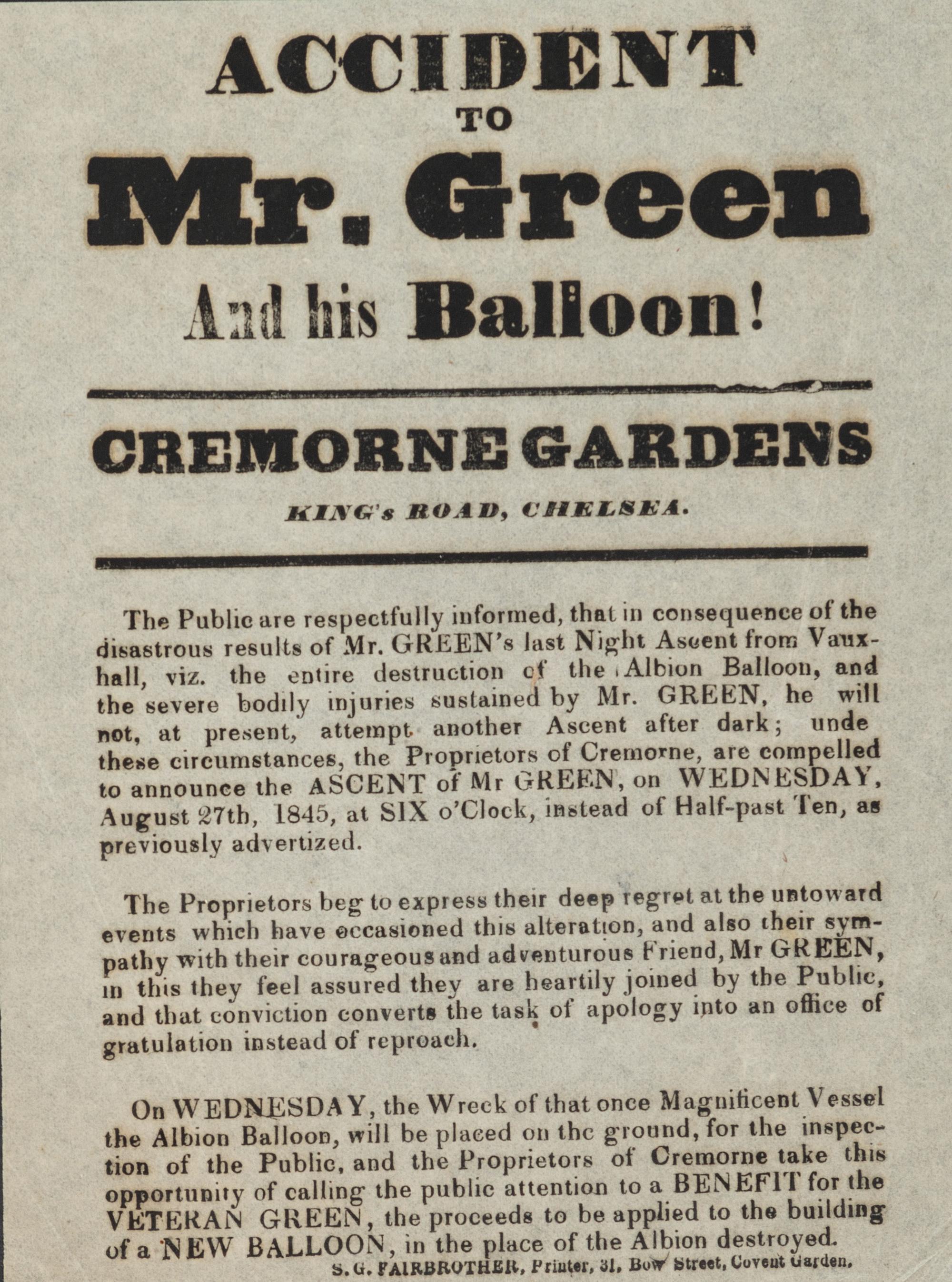 [TRANSPORTATION]. [GREEN, Charles (1785-1870). Accident to Mr. Green and his Balloon! London: S.G. Fairbrother, [1845].