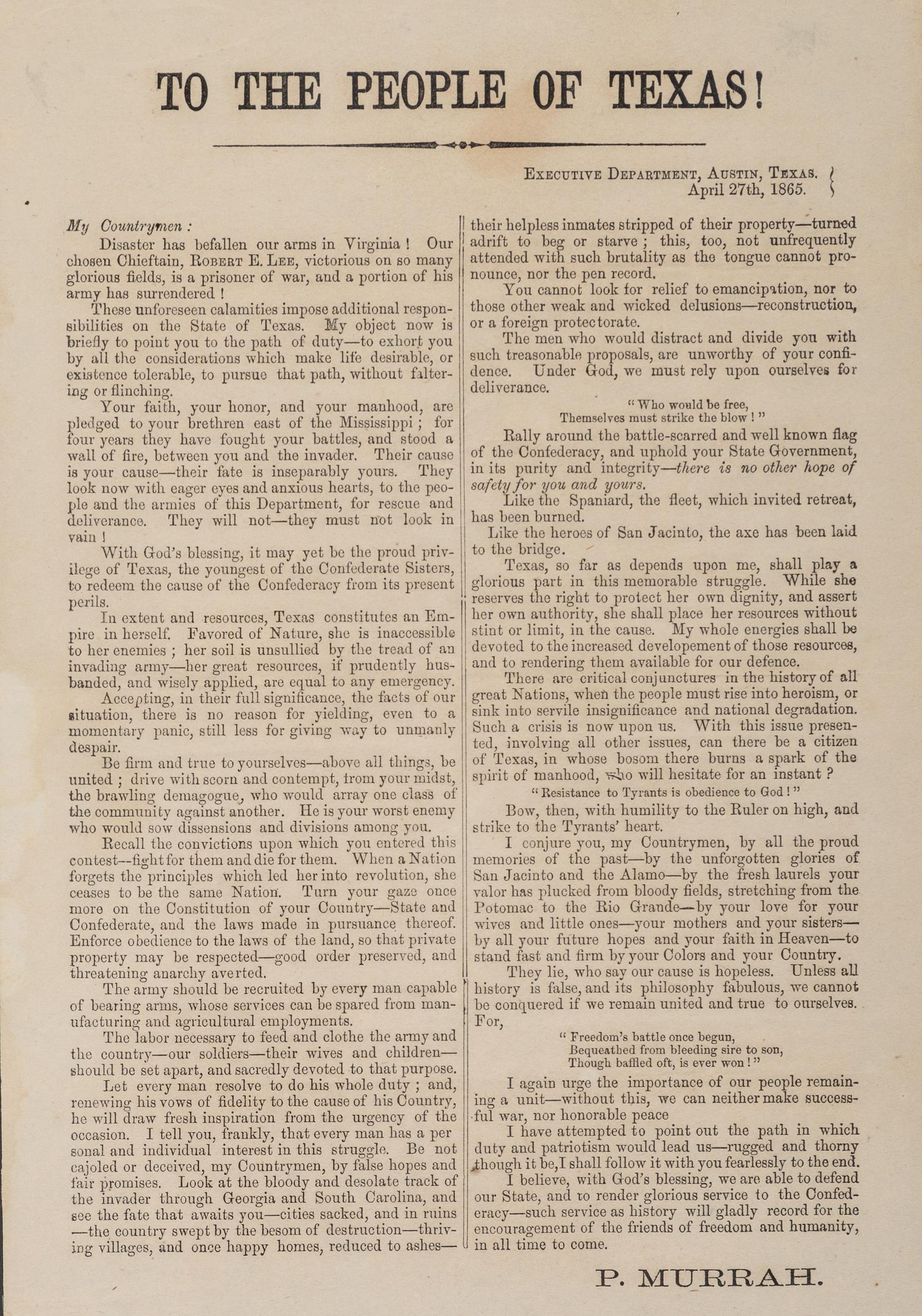 [CIVIL WAR]. MURRAH, Pendelton (1824/26-1865). To the People of Texas! Austin, TX: N.p., 27 April 1865.