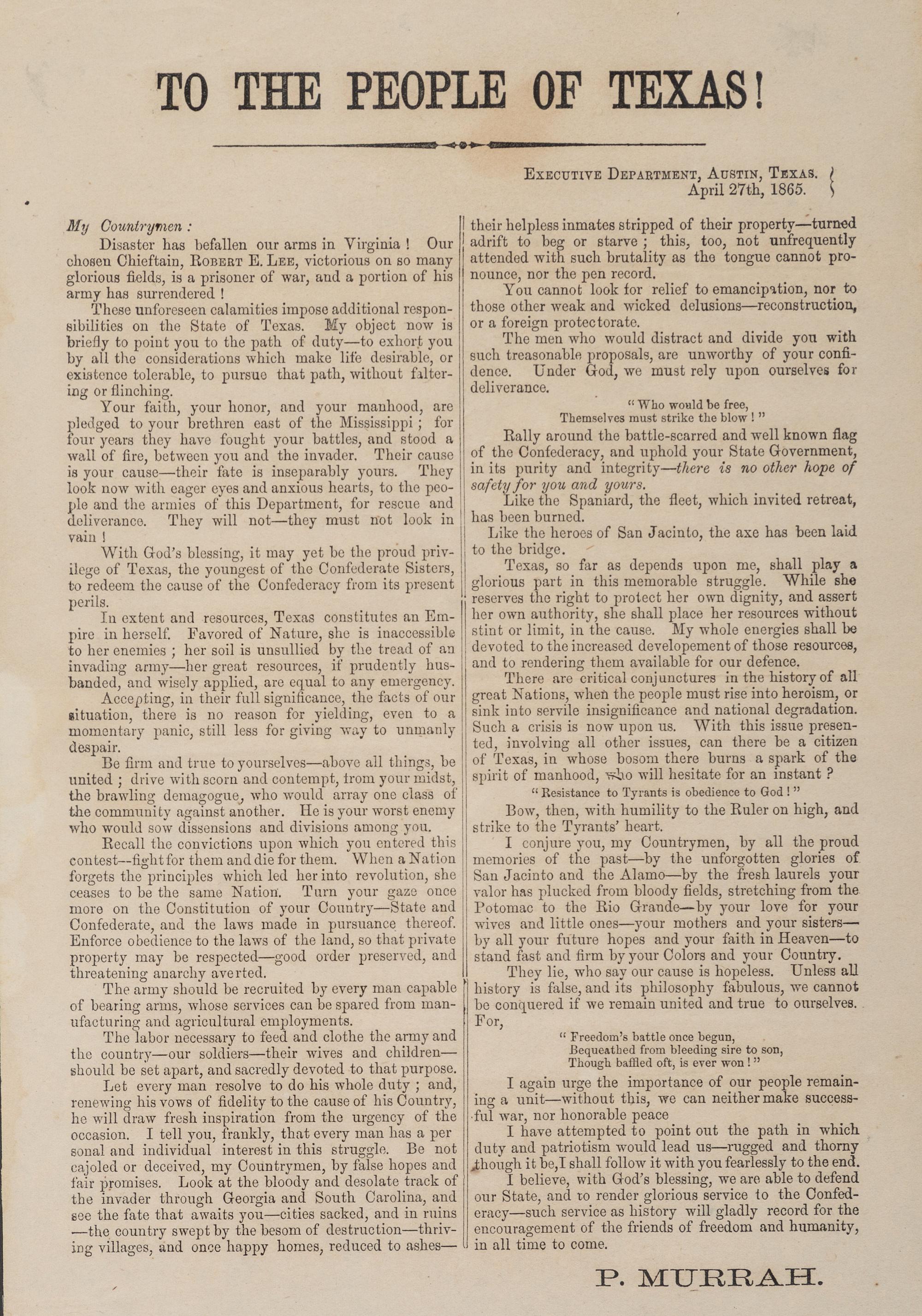 [CIVIL WAR]. MURRAH, Pendelton (1824/26-1865). To the People of Texas! Austin, TX: N.p., 27 April 1865.