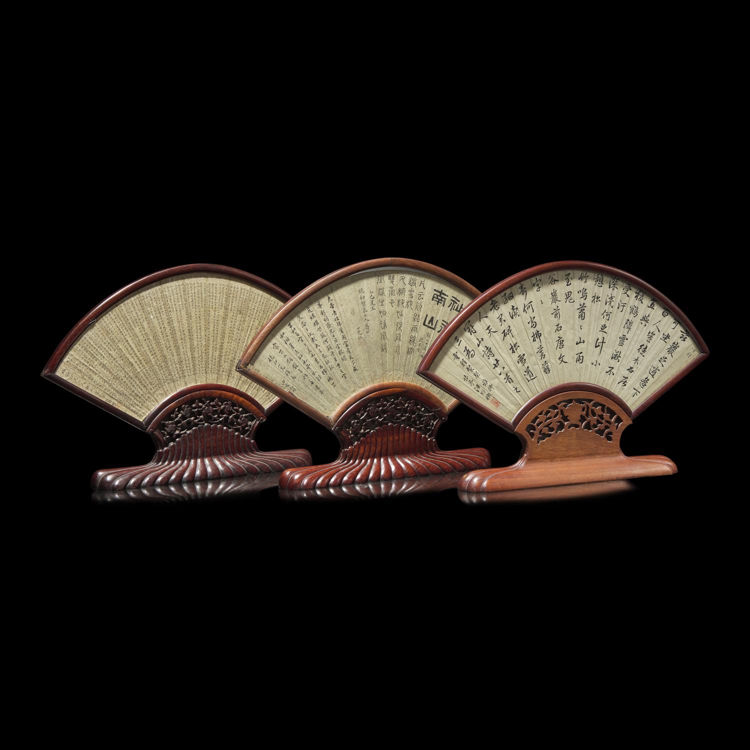 Three Chinese Folding Fan Leaf Paintings, 19th Century 清晚期 詩書畫扇面鏡框三幅
