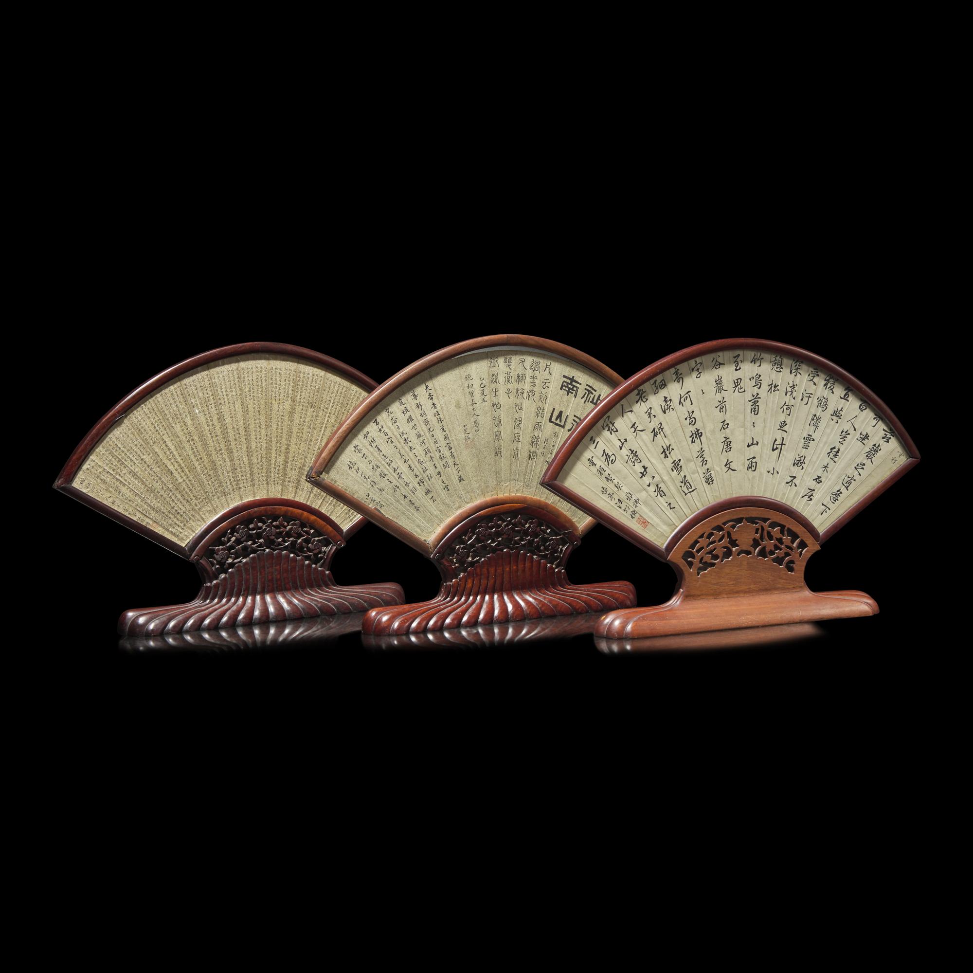 Three Chinese Folding Fan Leaf Paintings, 19th Century 清晚期 詩書畫扇面鏡框三幅